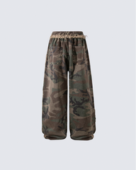 Fringe Waist Camouflage Wide-Leg Pants