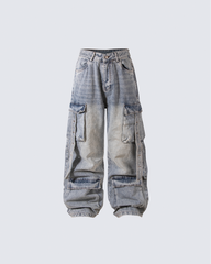 Washed Denim Multi-Pocket Cargo Jeans
