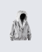 Silver Gray Faux Fur-Lined Hooded Jacket