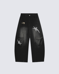 Embroidered Star Denim Cargo Pants