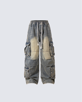 Washed Denim Multi-Pocket Cargo Pants