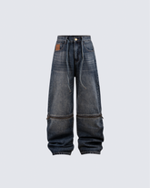 Zip-Off Panel Wide-Leg Denim Pants