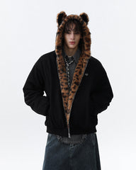 Faux Fur Collar and Ears Hooded Zip-Up Jacket