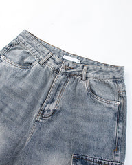 Washed Denim Multi-Pocket Cargo Jeans