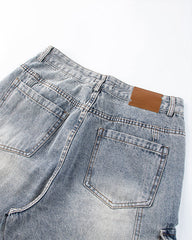 Washed Denim Multi-Pocket Cargo Jeans