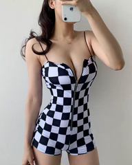 Buckle Belt Checkered Shorts Bodysuit