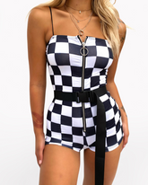 Buckle Belt Checkered Shorts Bodysuit