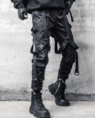 Functional Multi-Ribbon Buckle Black Cargo Pants