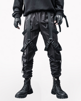 Functional Multi-Ribbon Buckle Black Cargo Pants