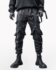 Functional Multi-Ribbon Buckle Black Cargo Pants