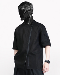 Functional Slanted Zipper Cotton Linen T-Shirt