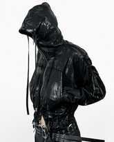 Opium Style Dark Waxed Metal–Effect Hooded Jacket