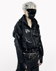 Opium Style Dark Waxed Metal–Effect Hooded Jacket