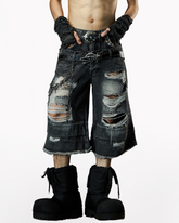 Street Unisex Double Waist Ripped Baggy Jorts