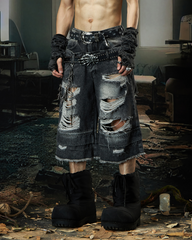 Street Unisex Double Waist Ripped Baggy Jorts