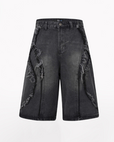 Street Unisex Washed Patchwork Whisker Baggy Jorts