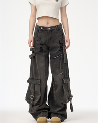 Streetwear Washed Ripped Women Denim Cargo Pants