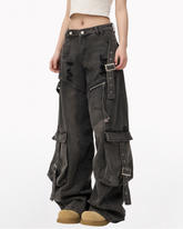 Streetwear Washed Ripped Women Denim Cargo Pants