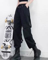 Women Black Straps Cargo Pants