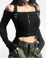 Beautiful In Black Buckle Zipper Top