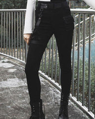 Black Women Buckle Cargo Punk Pants