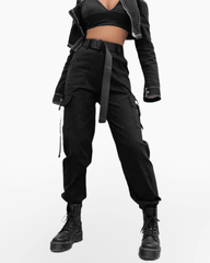 Futuristic Belt Black Women Cargo Pants
