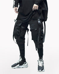 Ninja Black Multi-Pocket Ribbon Cargo Pants