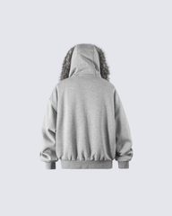 Gray Faux Fur-Lined Hooded Jacket