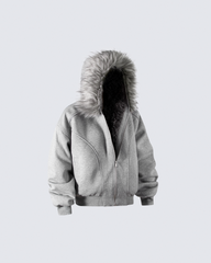 Gray Faux Fur-Lined Hooded Jacket