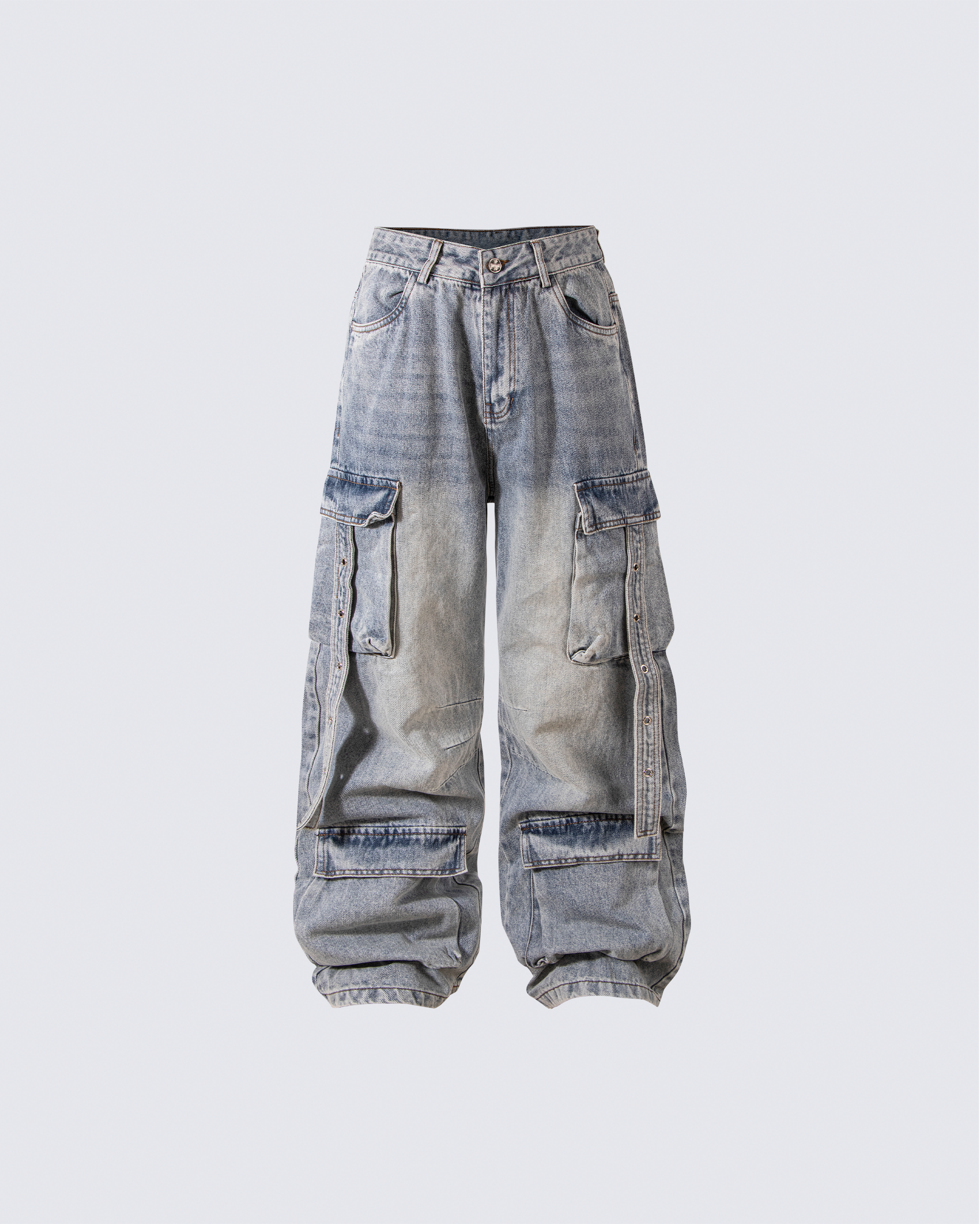 Washed Denim Multi-Pocket Cargo Jeans