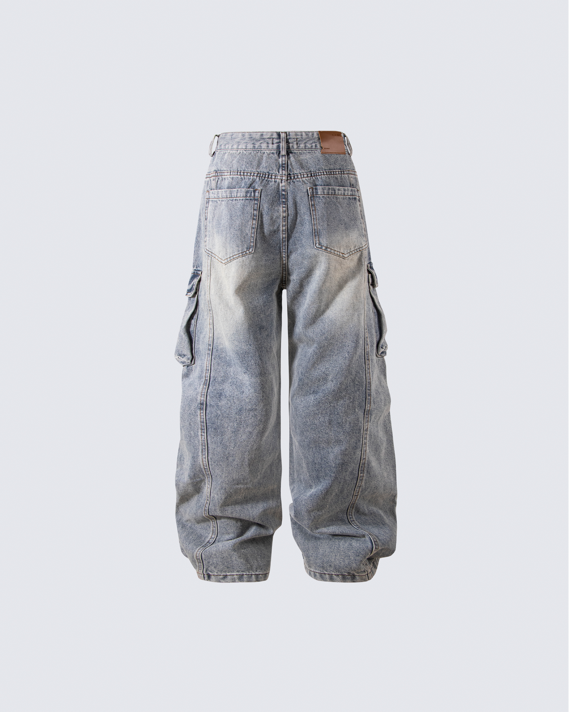 Washed Denim Multi-Pocket Cargo Jeans