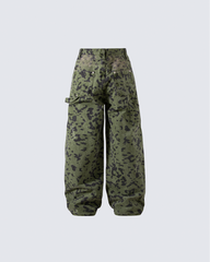 Green Camo Wide-Leg Denim Pants