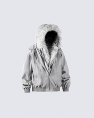 Silver Gray Faux Fur-Lined Hooded Jacket