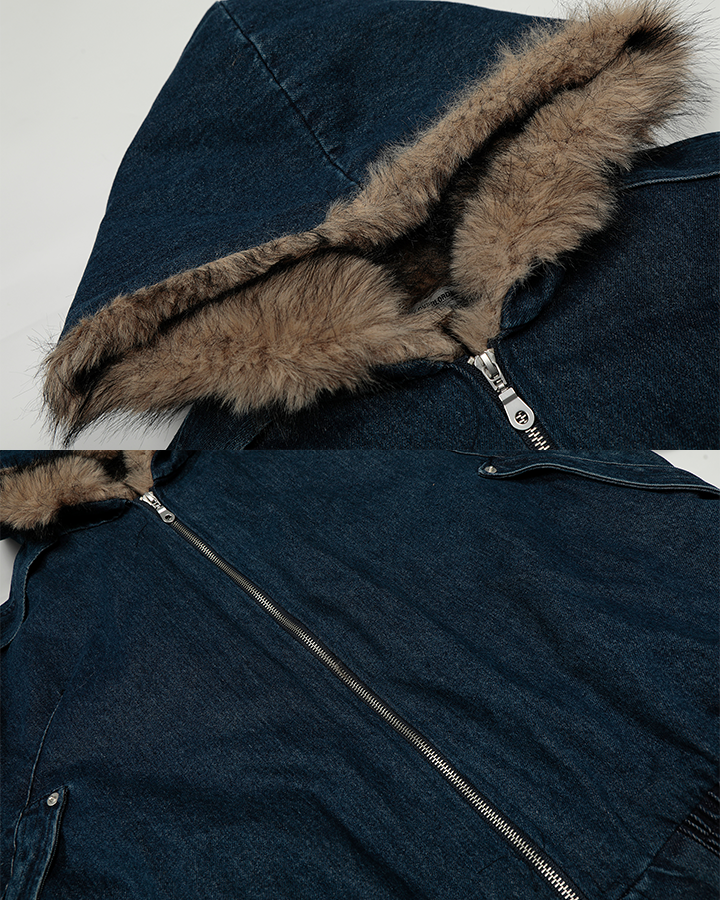 Hooded Denim Bomber Jacket with Faux Fur Collar