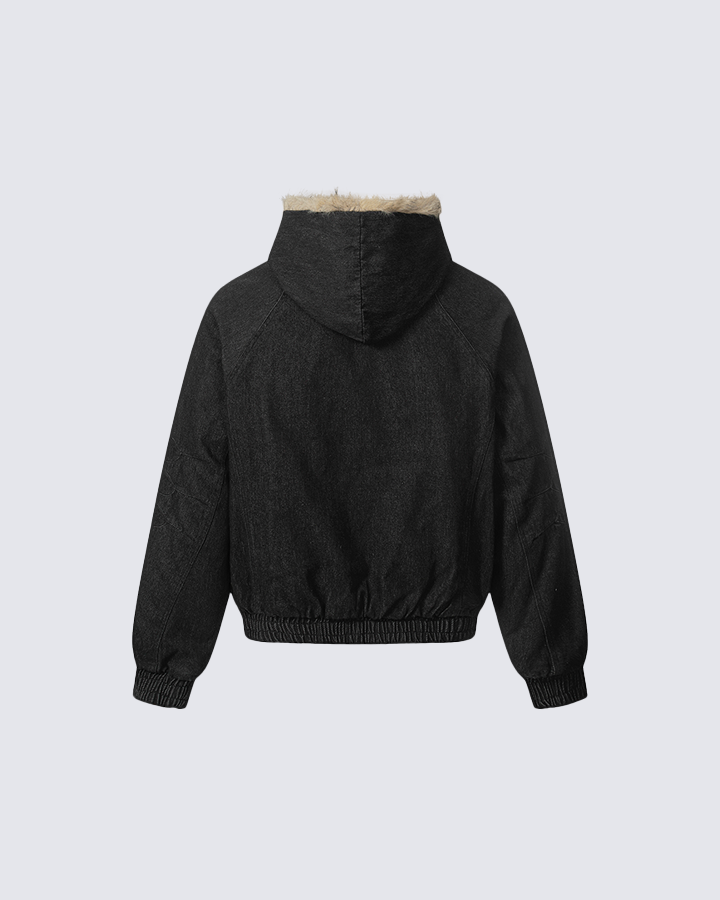 Hooded Denim Bomber Jacket with Faux Fur Collar
