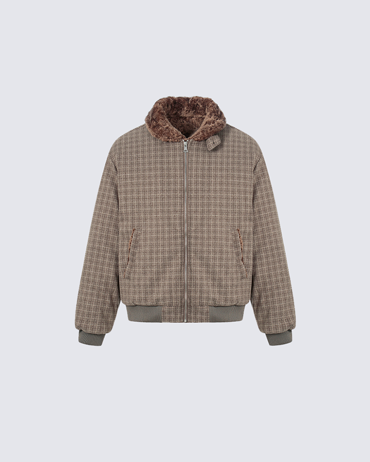 laid Bomber Jacket with Faux Fur Collar