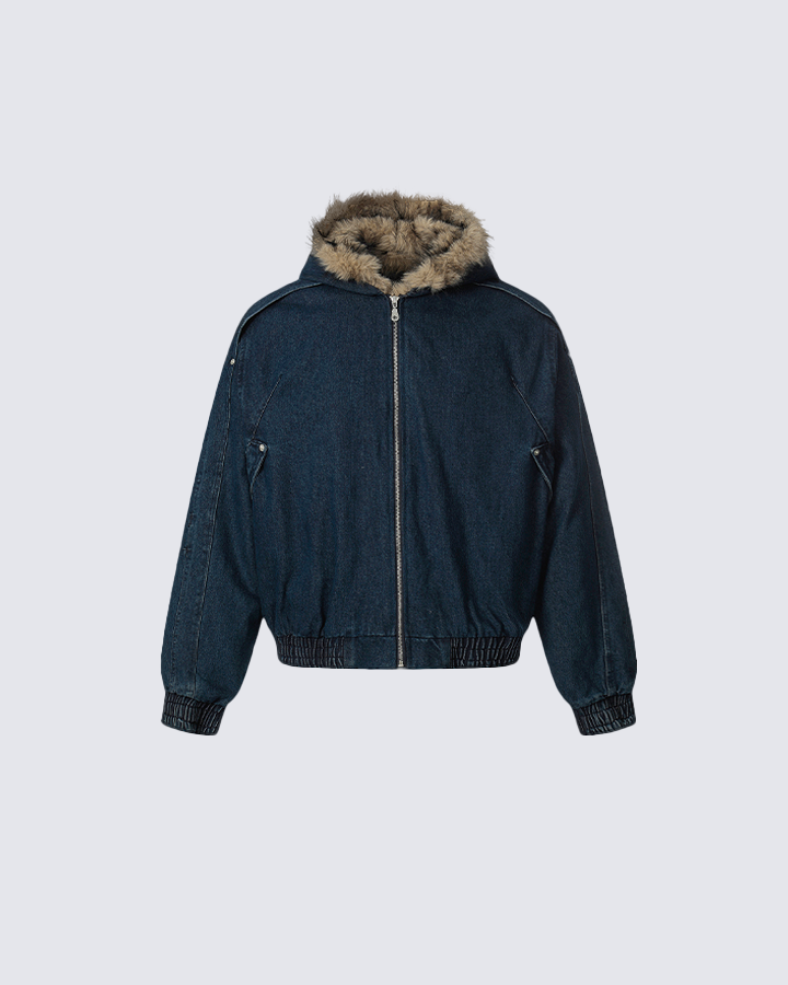 Hooded Denim Bomber Jacket with Faux Fur Collar