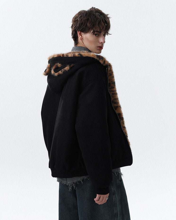 Faux Fur Collar and Ears Hooded Zip-Up Jacket