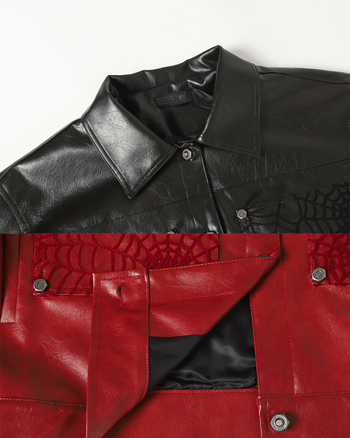 Faux Leather Jacket with Spiderweb Panels