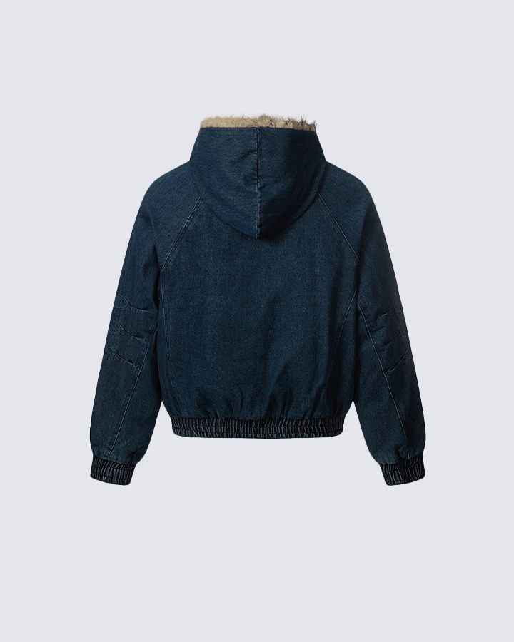Hooded Denim Bomber Jacket with Faux Fur Collar