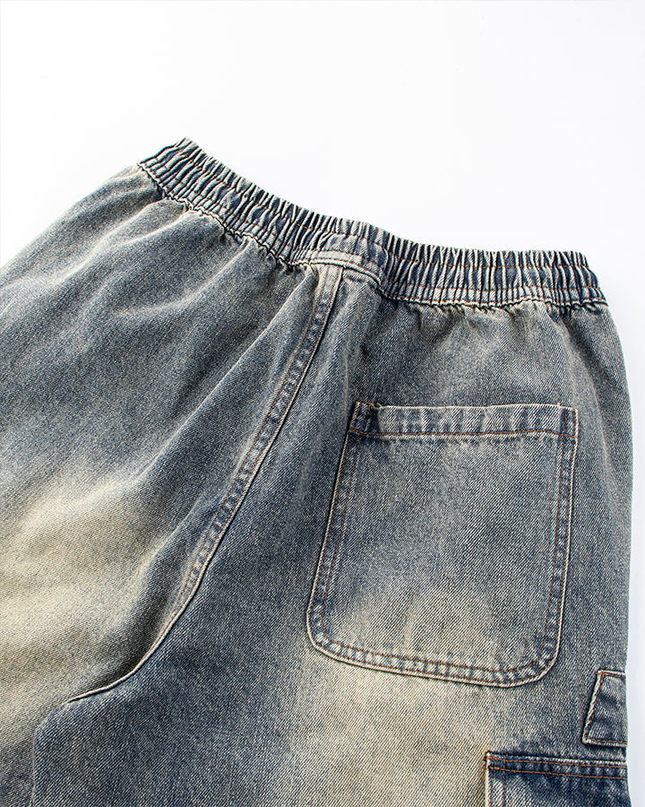 Washed Denim Multi-Pocket Cargo Pants