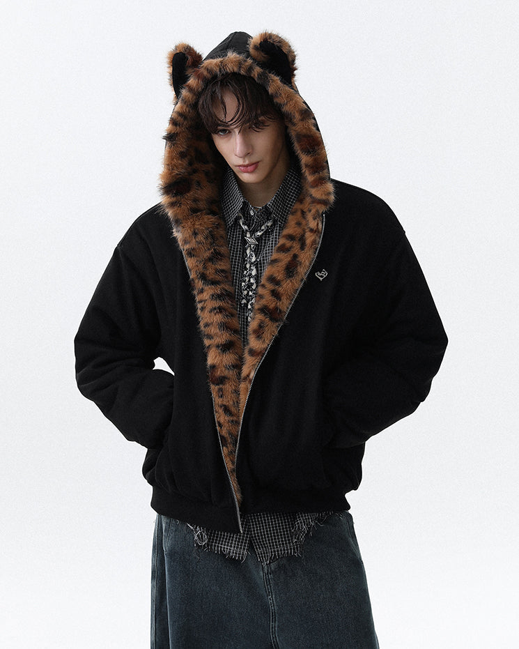 Faux Fur Collar and Ears Hooded Zip-Up Jacket