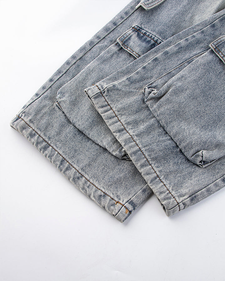 Washed Denim Multi-Pocket Cargo Jeans