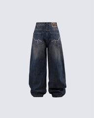 Vintage Wide-Leg Curved Seam Denim Pants