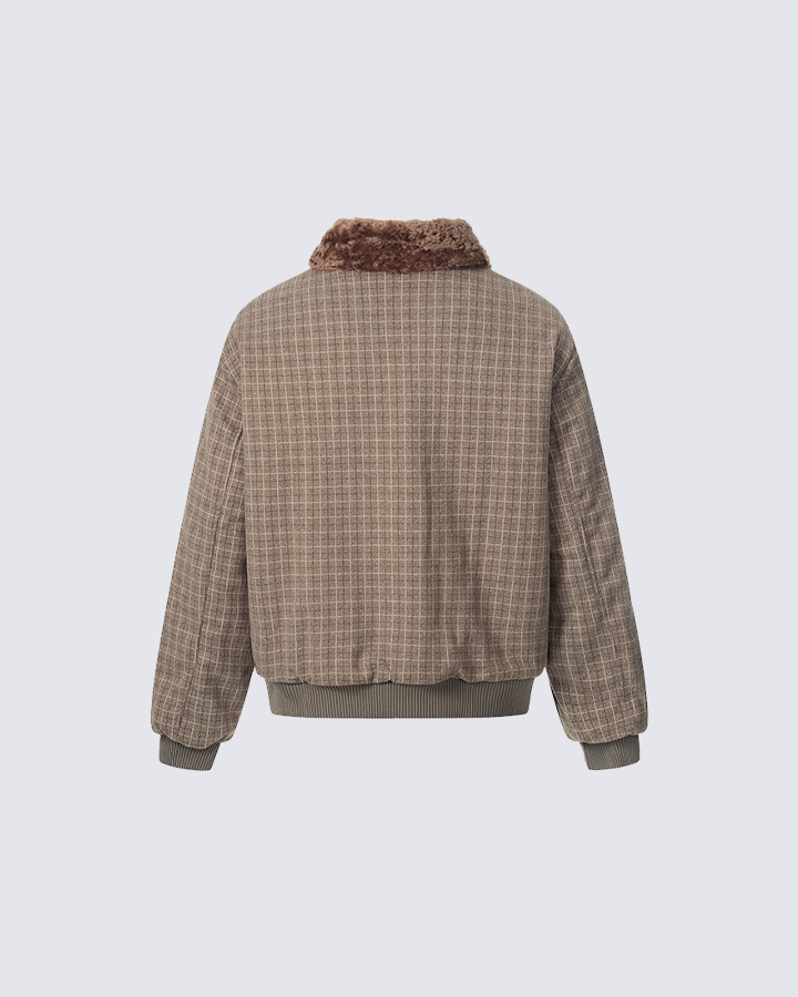 laid Bomber Jacket with Faux Fur Collar