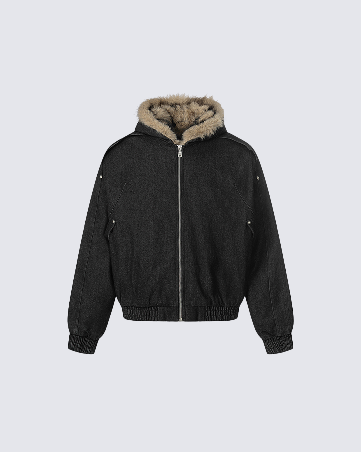 Hooded Denim Bomber Jacket with Faux Fur Collar