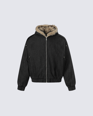 Hooded Denim Bomber Jacket with Faux Fur Collar