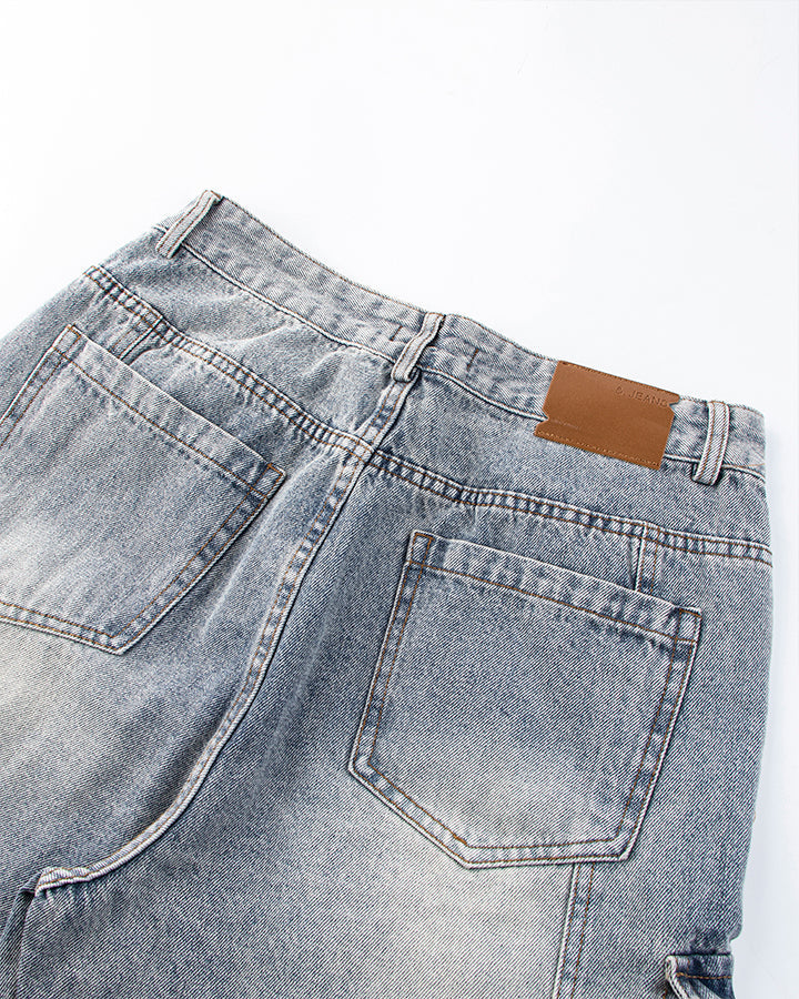 Washed Denim Multi-Pocket Cargo Jeans