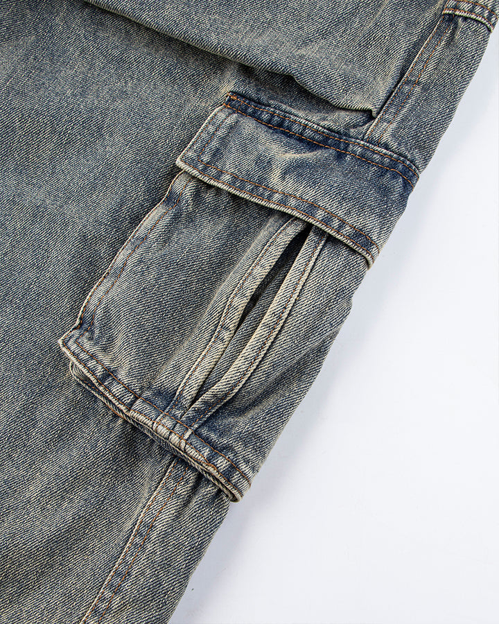 Washed Denim Multi-Pocket Cargo Pants