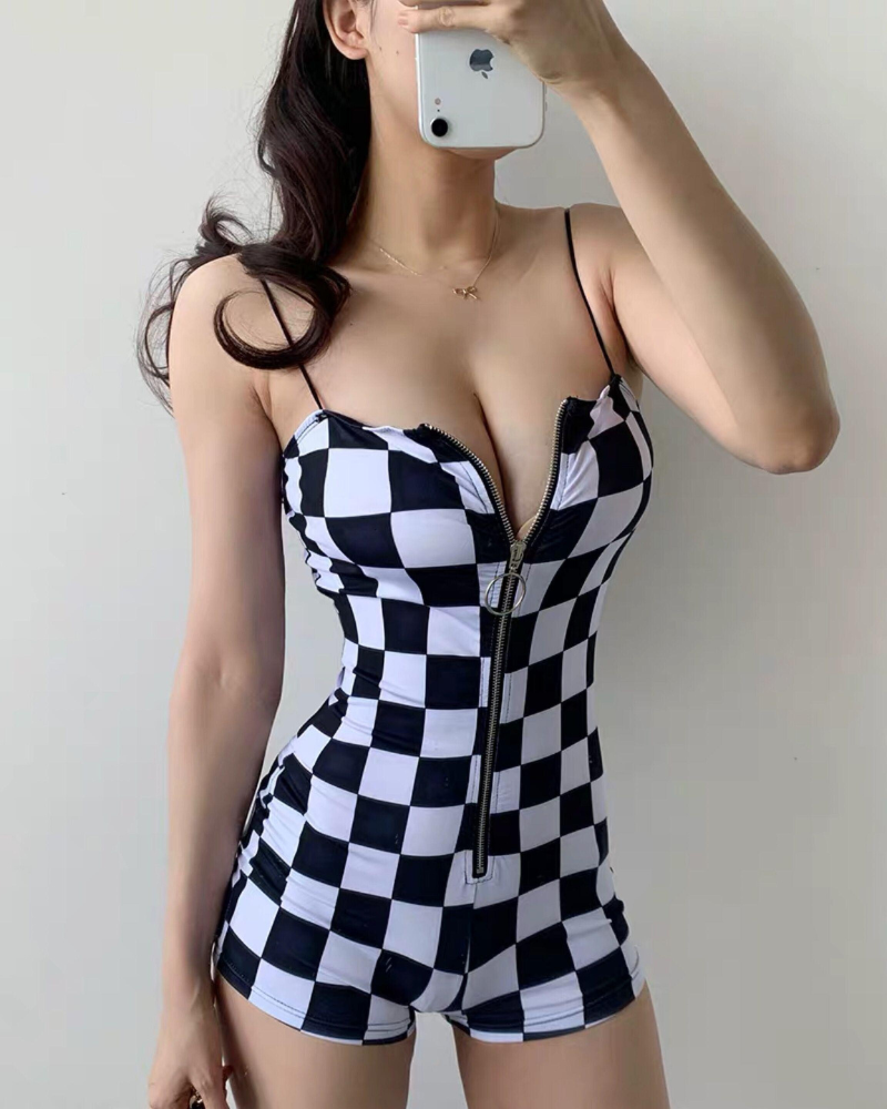 Buckle Belt Checkered Shorts Bodysuit
